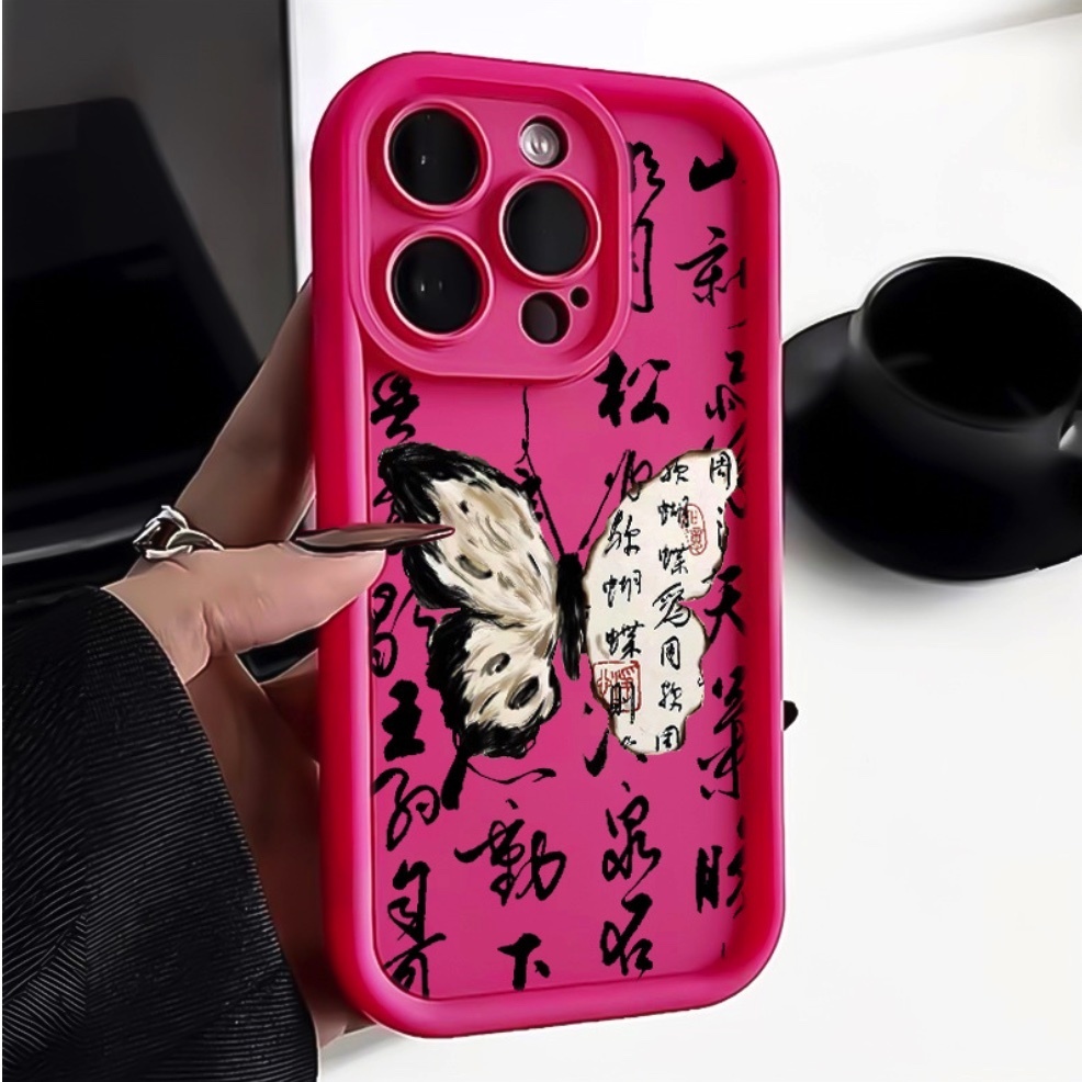 Hot selling butterfly calligraphy suitable for iPhone series mobile phone cases (rose red ancient calligraphy butterfly) (contact customer service after placing an order to confirm the phone model)