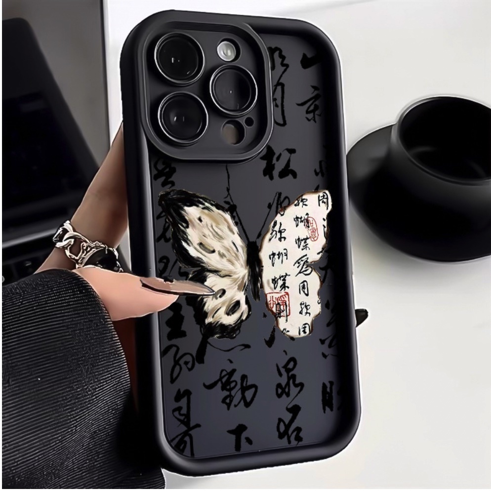 Hot selling butterfly calligraphy suitable for iPhone series mobile phone cases (cool black ancient calligraphy butterfly) (contact customer service after placing an order to confirm the phone model)