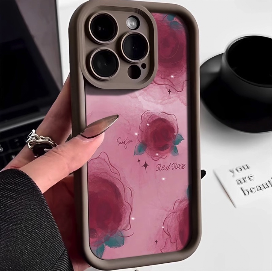 Hot-selling smudged rose soft protective cover suitable for iPhone series mobile phone cases (cold coffee pink rose) (contact customer service to confirm the phone model after placing the order)