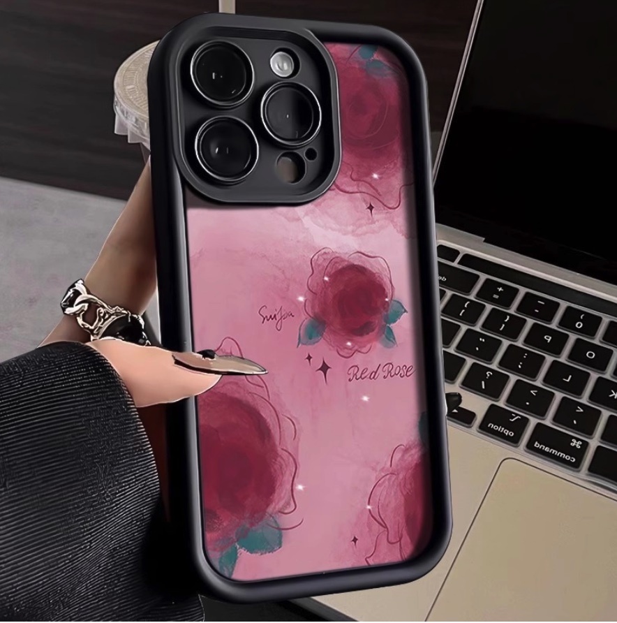 Hot selling smudged rose soft protective cover suitable for iPhone series mobile phone cases (classic black pink rose) (contact customer service to confirm the phone model after placing the order)