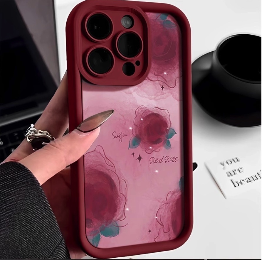 Hot selling smudged rose soft protective cover suitable for iPhone series mobile phone cases (burgundy pink rose) (contact customer service after placing an order to confirm the phone model)
