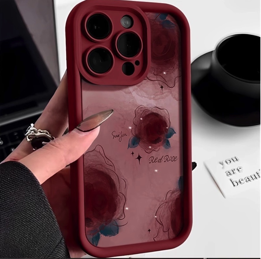 Hot selling smudged rose soft protective cover suitable for iPhone series mobile phone cases (burgundy red rose) (contact customer service to confirm the phone model after placing the order)