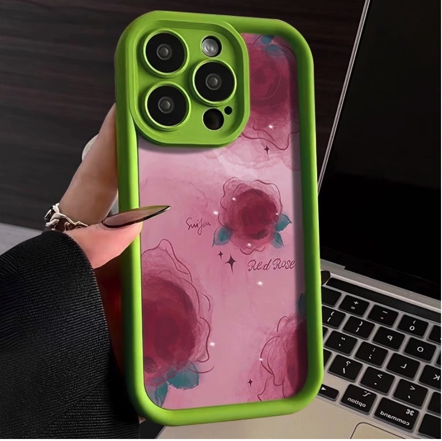 Hot selling smudged rose soft protective cover suitable for iPhone series mobile phone cases (Cangling green pink rose) (contact customer service to confirm the phone model after placing the order)