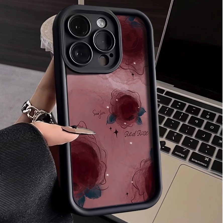 Hot selling smudged rose soft protective cover suitable for iPhone series mobile phone cases (classic black wine red rose) (contact customer service after placing an order to confirm the phone model)