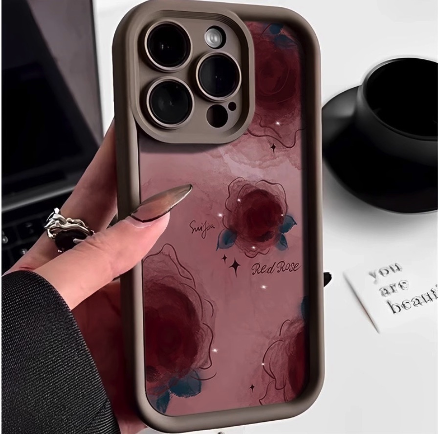Hot selling smudged rose soft protective cover suitable for iPhone series mobile phone cases (cold coffee color burgundy rose) (contact customer service to confirm the phone model after placing the order)