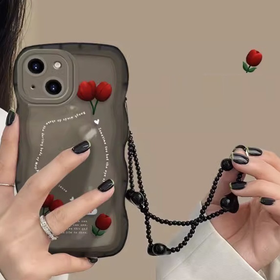 Best selling black wavy edge tulip suitable for OPPO_realme mobile phone case (three tulips + same style bracelet (contact customer service after placing order to confirm the phone model)