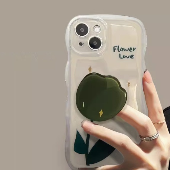 The popular transparent black wavy edge tulip is suitable for OPPO_realme mobile phone case (transparent white_tulip + tulip stand (contact customer service after placing the order to confirm the mobile phone model)