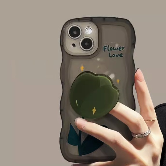 Hot selling transparent black wavy edge tulip suitable for OPPO_realme mobile phone case (transparent black_tulip + tulip stand (contact customer service after placing the order to confirm the mobile phone model)