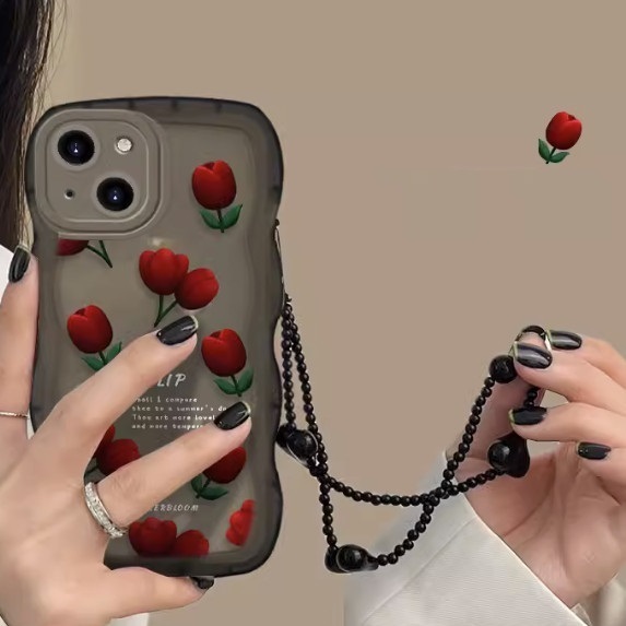 Hot-selling transparent black wavy edge tulips are suitable for OPPO_realme mobile phone cases (waves_full screen tulips + same style bracelet (contact customer service after placing the order to confirm the phone model)