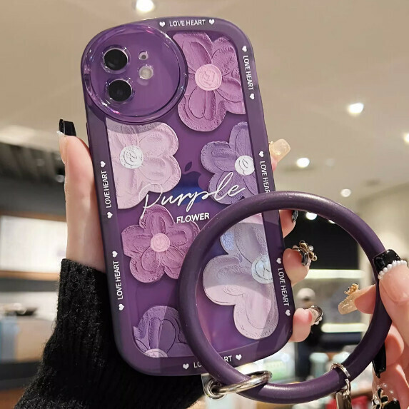 The popular purple oil painting flower is suitable for OPPO mobile phone cases (transparent purple [oil painting flower + bracelet style] (contact customer service after placing the order to confirm the phone model)