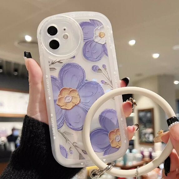 The popular purple oil painting flower is suitable for OPPO mobile phone case (transparent white [oil painting flower + bracelet style] (contact customer service after placing the order to confirm the phone model)