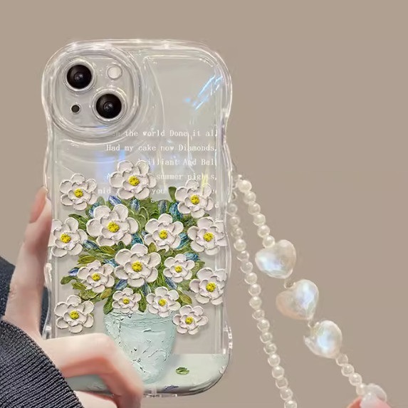 The popular color oil painting flowers are suitable for Xiaomi mobile phone cases (oil painting white flowers + bracelet style (contact customer service after placing the order to confirm the phone model)