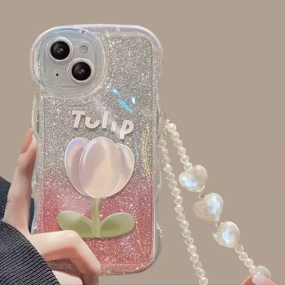 The popular colorful oil painting flowers are suitable for Xiaomi mobile phone cases (Champagne Tulip + Bracelet style (contact customer service to confirm the phone model after placing the order)
