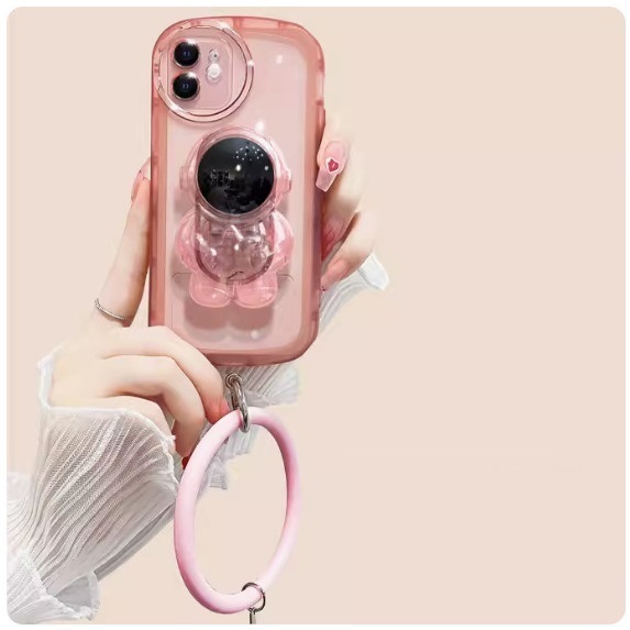 The popular three-dimensional stand is suitable for Honor mobile phone cases (transparent pink [astronaut stand + bracelet style] (contact customer service to confirm the phone model after placing the order)