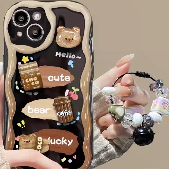 The popular graffiti is suitable for OPPO mobile phone cases (black graffiti [3D doll_Coffee Bear] + bell pendant style (contact customer service to confirm the phone model after placing the order)