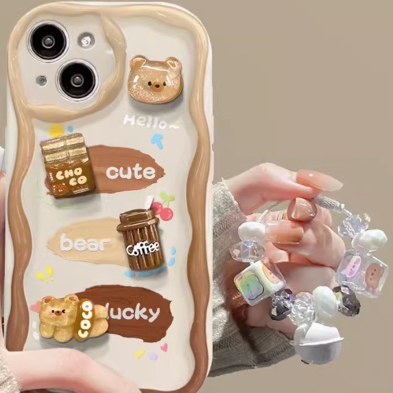 The popular graffiti is suitable for OPPO mobile phone cases (white graffiti [3D doll_Coffee Bear] + bell pendant style (contact customer service to confirm the phone model after placing the order)