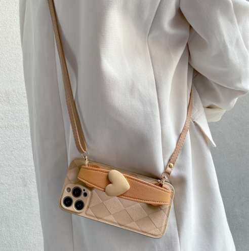 Popular plaid love wristband mobile phone case + diagonal rope (TY2 khaki) (applicable to Apple-Huawei) (contact customer service to confirm the phone model after placing the order)