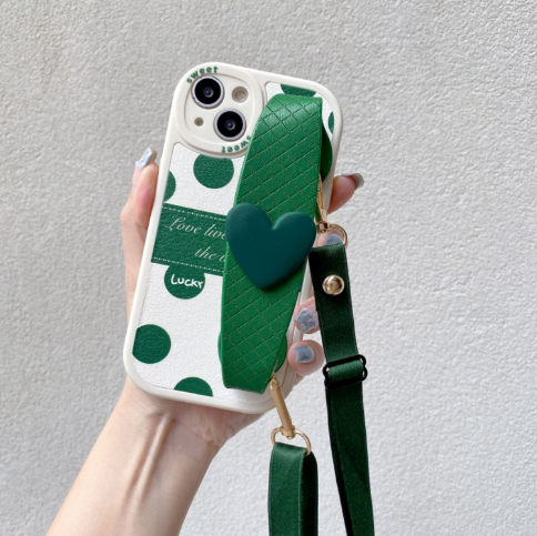 Popular silicone soft shell mobile phone case (SJ green polka dot love wristband + diagonal rope) (applicable to Apple) (contact customer service after placing the order to confirm the phone model)