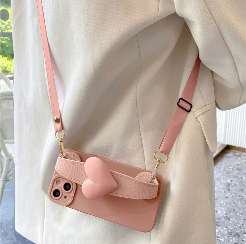 Popular silicone soft shell mobile phone case (JK3 pink big love wristband + crossbody cord) (applicable to Apple) (contact customer service to confirm the mobile phone model after placing the order)