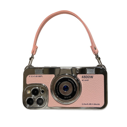 Popular creative camera phone case (ZYM3 pink + hand strap) (applicable to Apple) (contact customer service to confirm the phone model after placing the order)