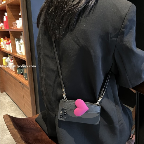 Popular silicone soft shell mobile phone case (JK7 black big love wristband + crossbody cord) (applicable to Apple) (contact customer service to confirm the mobile phone model after placing the order)