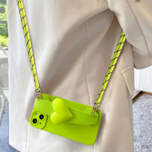 Popular silicone soft shell mobile phone case (JK5 fluorescent green big love wristband + crossbody cord) (applicable to Apple) (contact customer service to confirm the mobile phone model after placing the order)