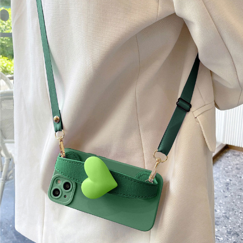 Popular silicone soft shell mobile phone case (JK1 Canngling Green Big Love Wristband + Crossbody Strap) (Applicable to Apple) (Contact customer service to confirm the phone model after placing the order)