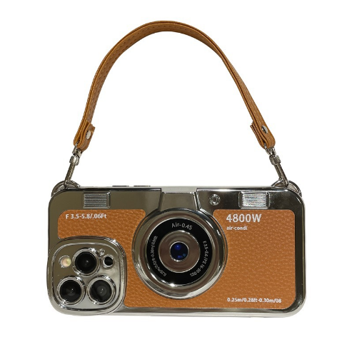Popular creative camera phone case (ZYM7 brown + hand strap) (applicable to Apple) (contact customer service to confirm the phone model after placing the order)