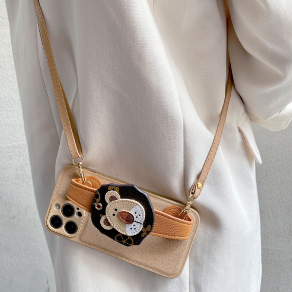 Popular leather hard shell mobile phone case (TY brown leather pattern + lion wristband + diagonal strap) (applicable to Apple-Huawei) (contact customer service after placing the order to confirm the phone model)