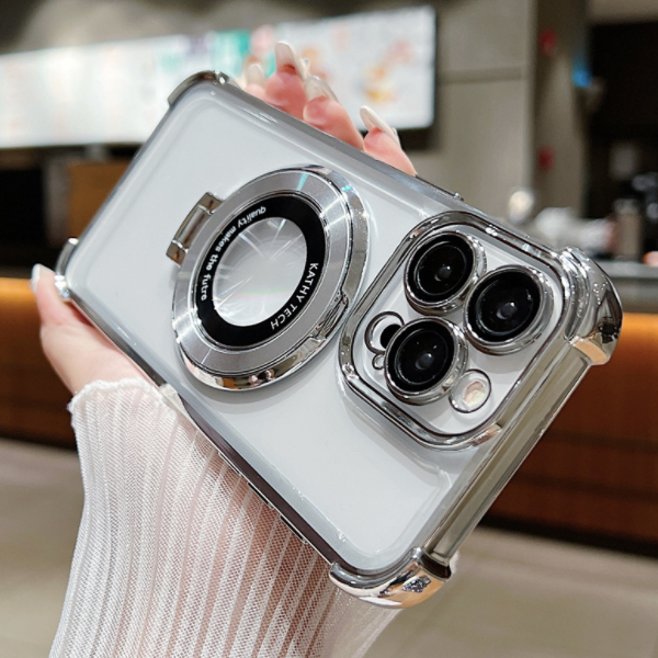 Popular transparent electroplated airbag magnetic holder mobile phone case (ZXC5 silver) (applicable to Apple) (contact customer service to confirm the mobile phone model after placing the order)