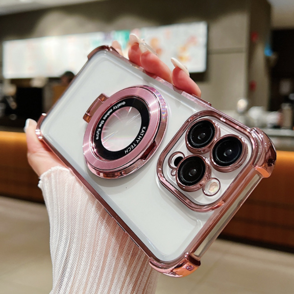 Popular transparent electroplated airbag magnetic holder mobile phone case (ZXC7 pink) (applicable to Apple) (contact customer service to confirm the mobile phone model after placing the order)