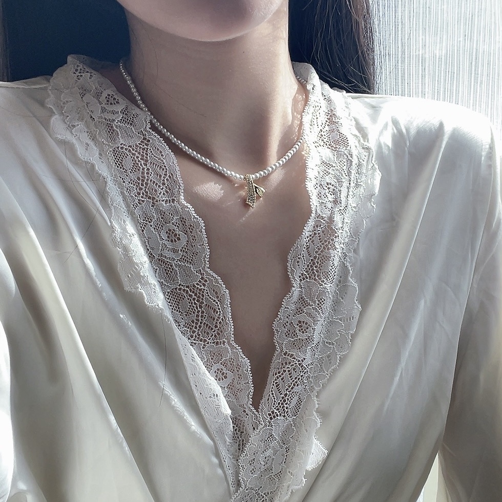 French 交叉金鑽時髦珍珠鏈/choker