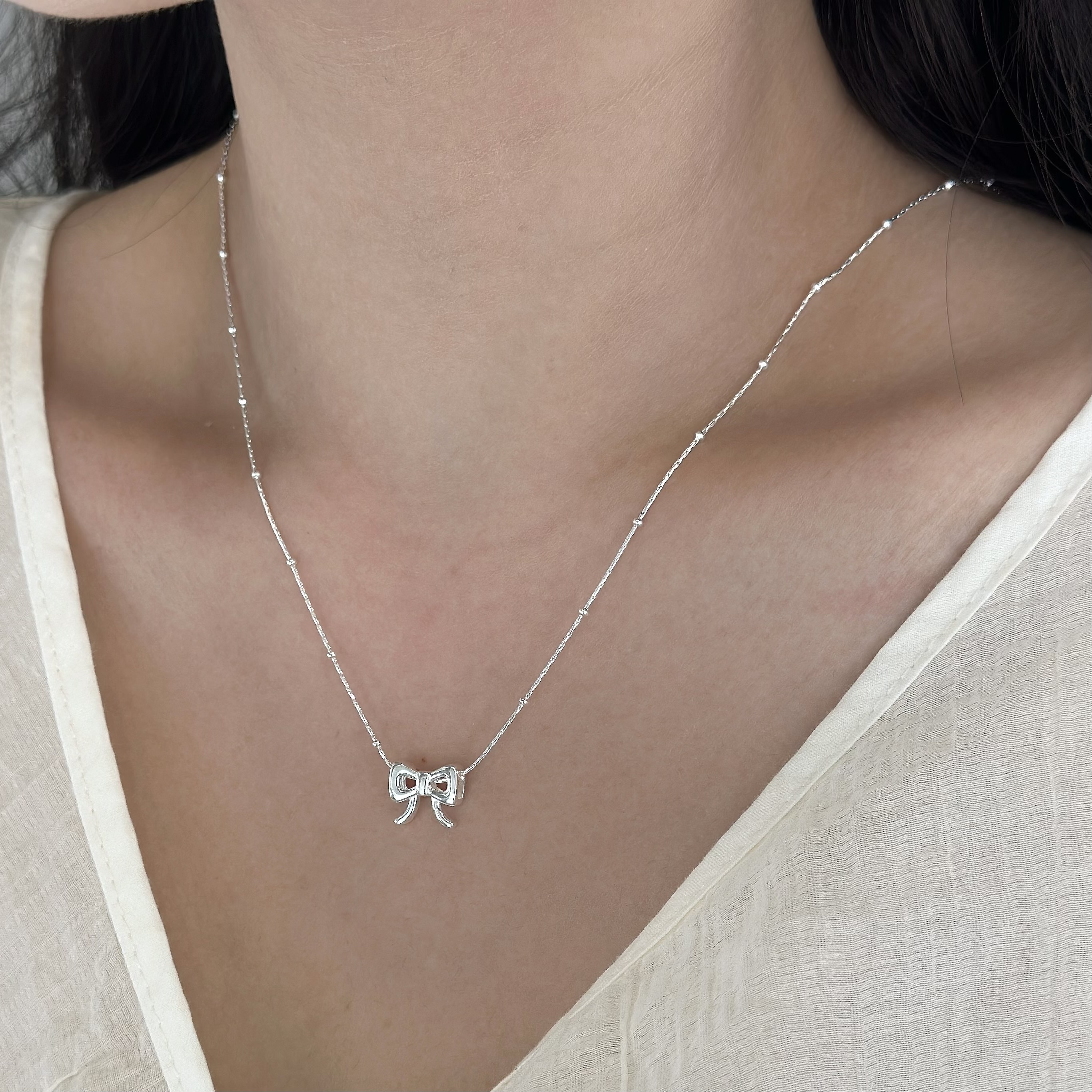 B07立體蝴蝶結純銀珠鍊