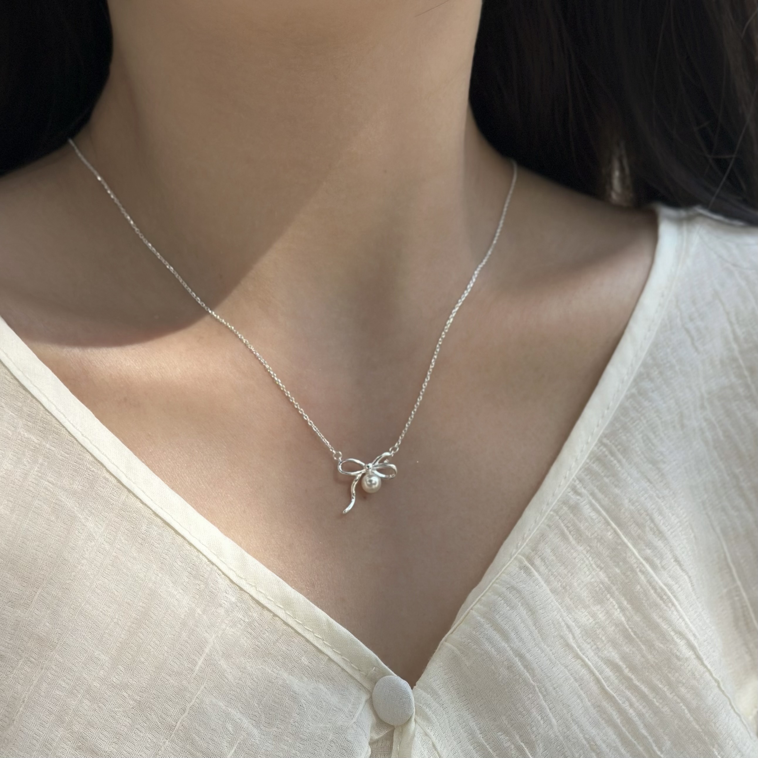 B06蝴蝶結珍珠純銀鎖骨鏈