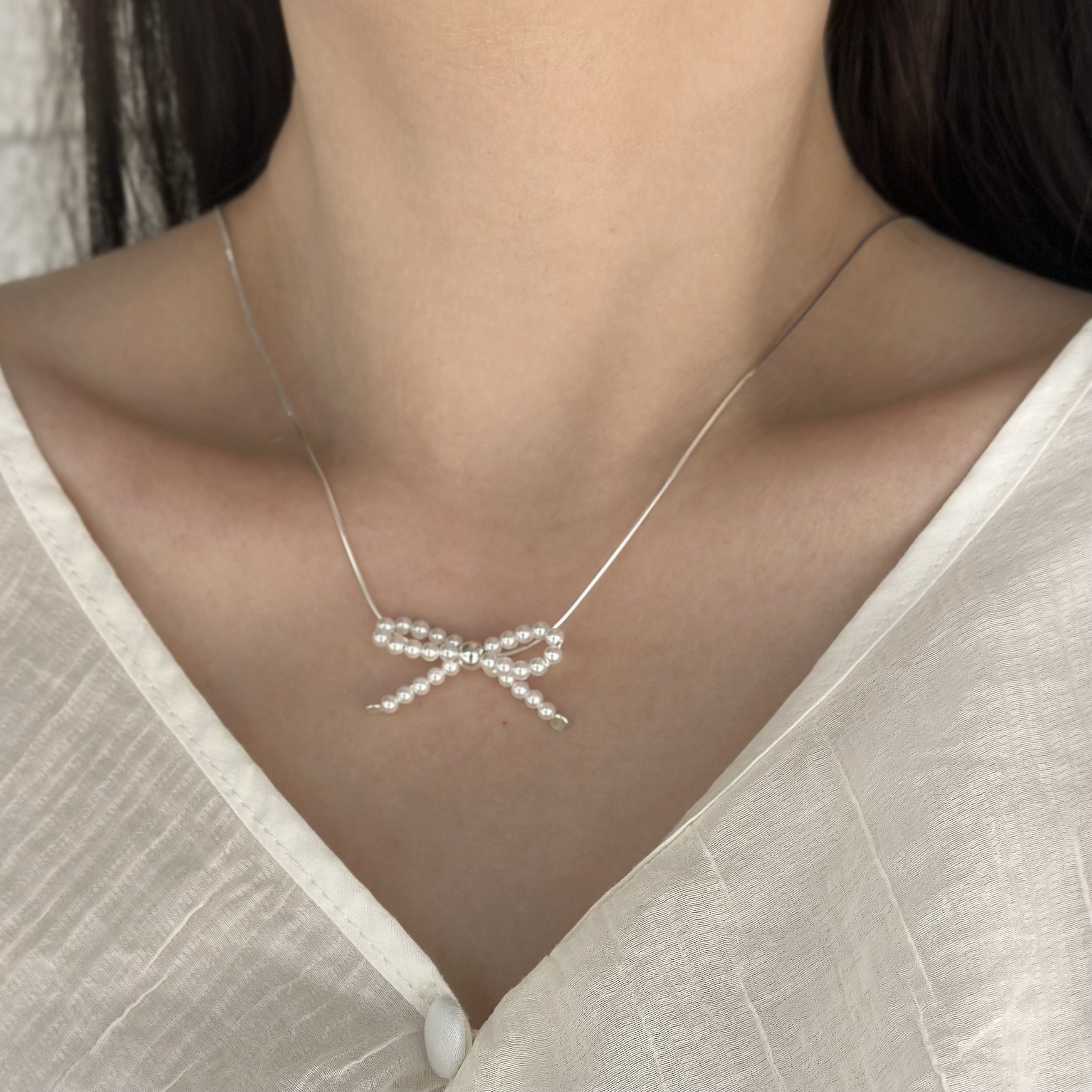 B05珍珠蝴蝶結純銀蛇骨鏈