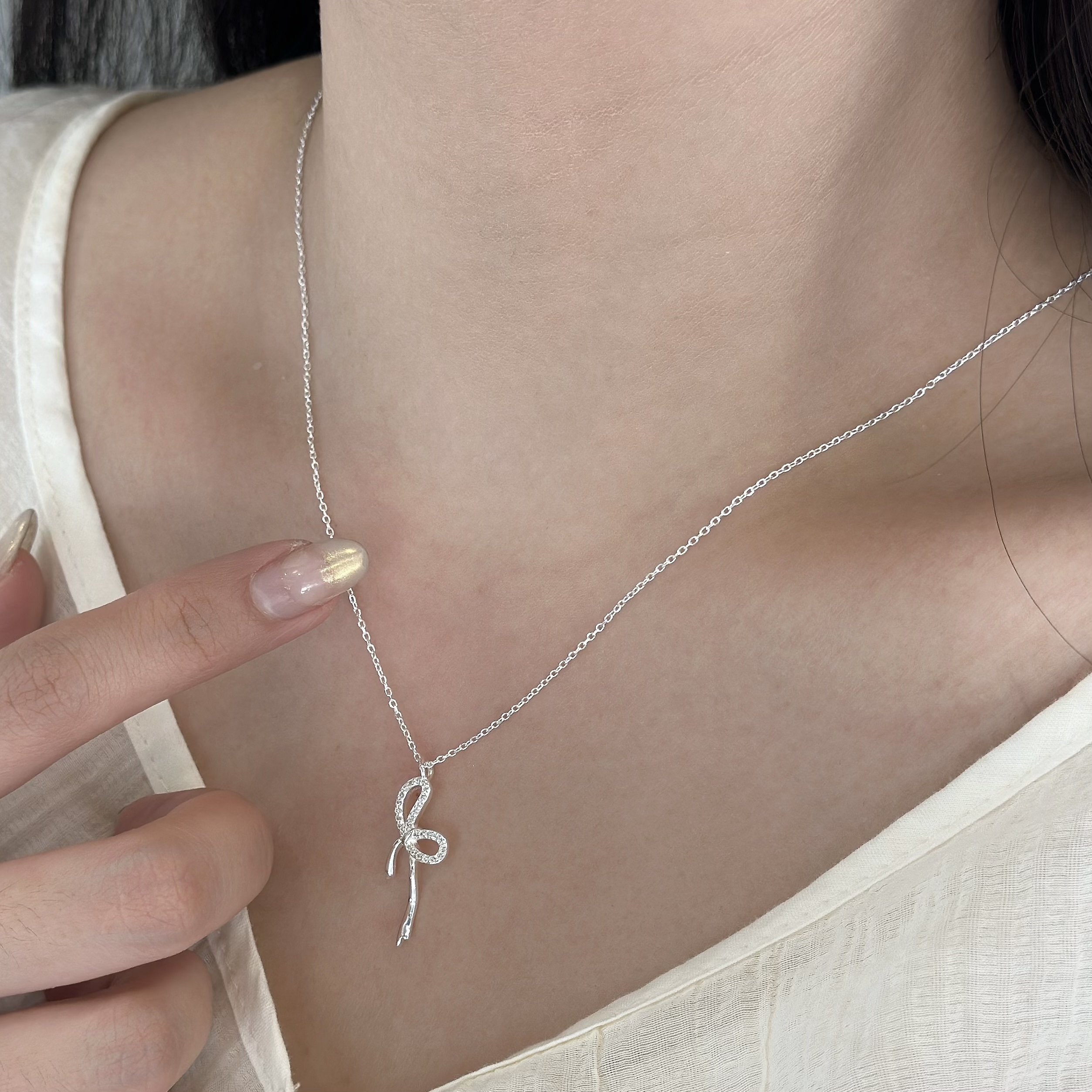 B01排鑽蝴蝶結純銀鎖骨鏈