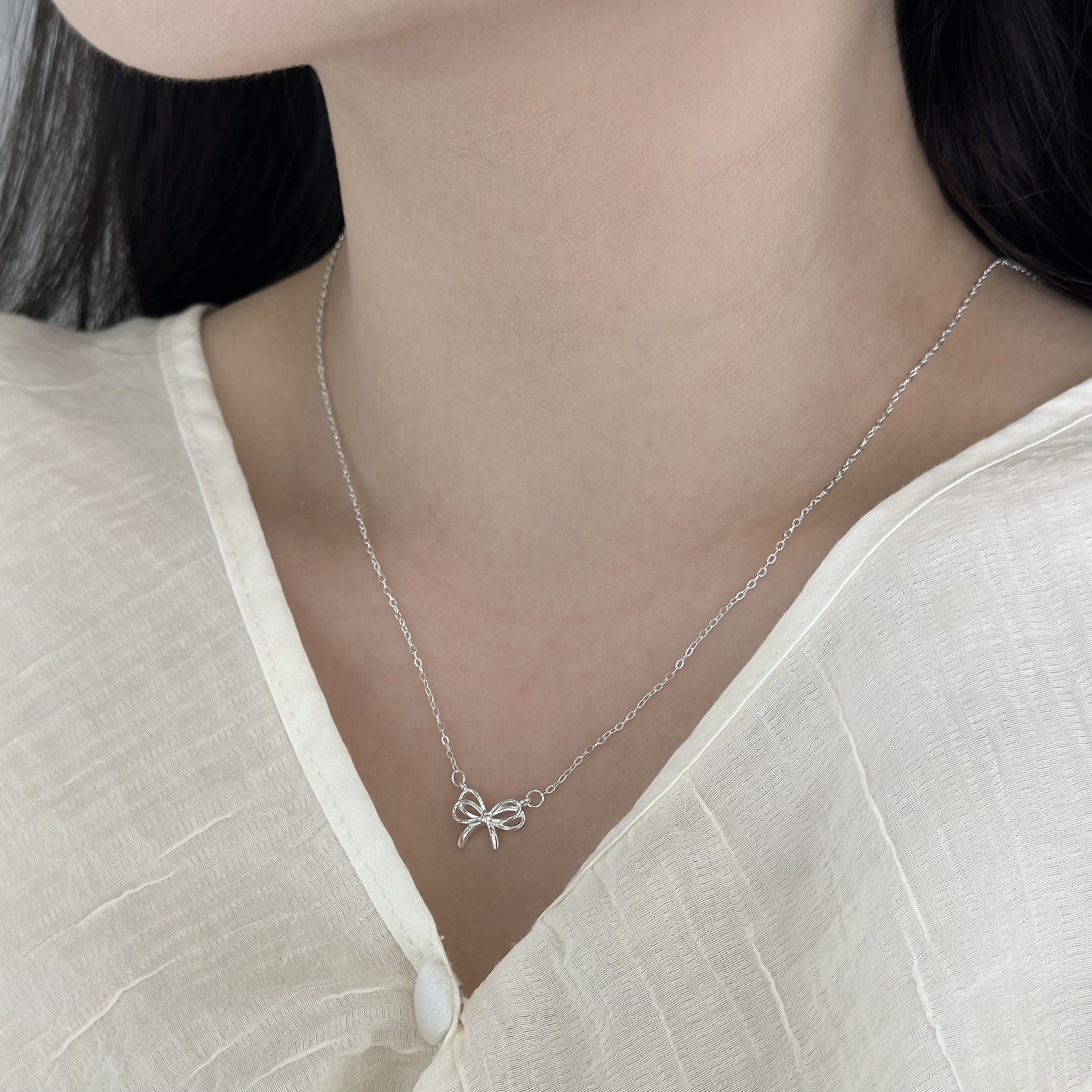 B16雙層蝴蝶結純銀鎖骨鏈