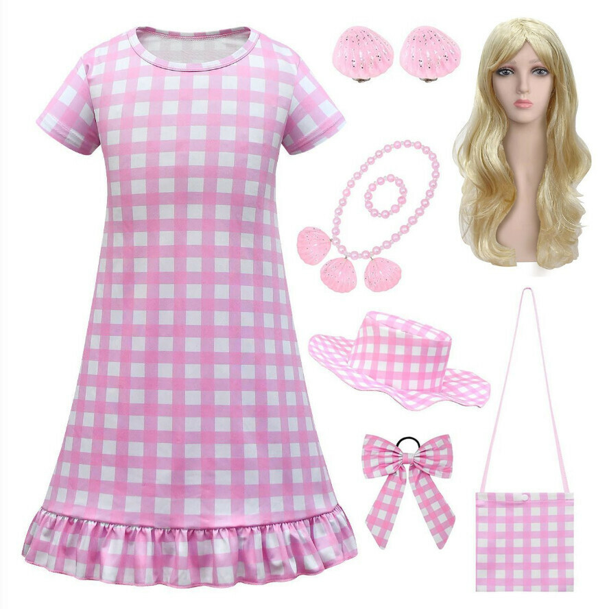 Hot Recommended Ruffle Dress (81494+ Wig Hat Bag Earrings Bracelet Necklace Bow Hair Accessories) (Size: 100-150) (Contact customer service after placing the order to confirm the delivery size)