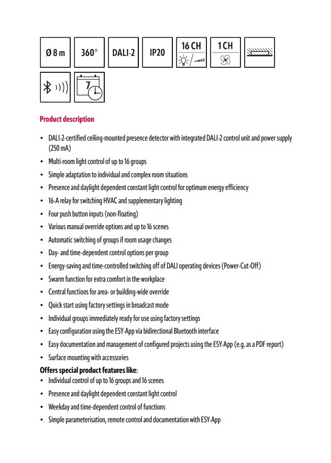 ESYLUX EP10428272 PD-C 360BT/8 APC20 PS PLUS DALI-2 DALI-2 認證吸頂式存在偵測器