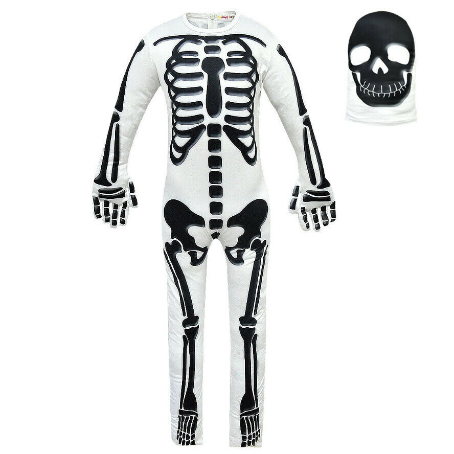 New skull long-sleeved jumpsuit (824 white + hat) (size: 120-160) (contact customer service after placing the order to confirm the delivery size)