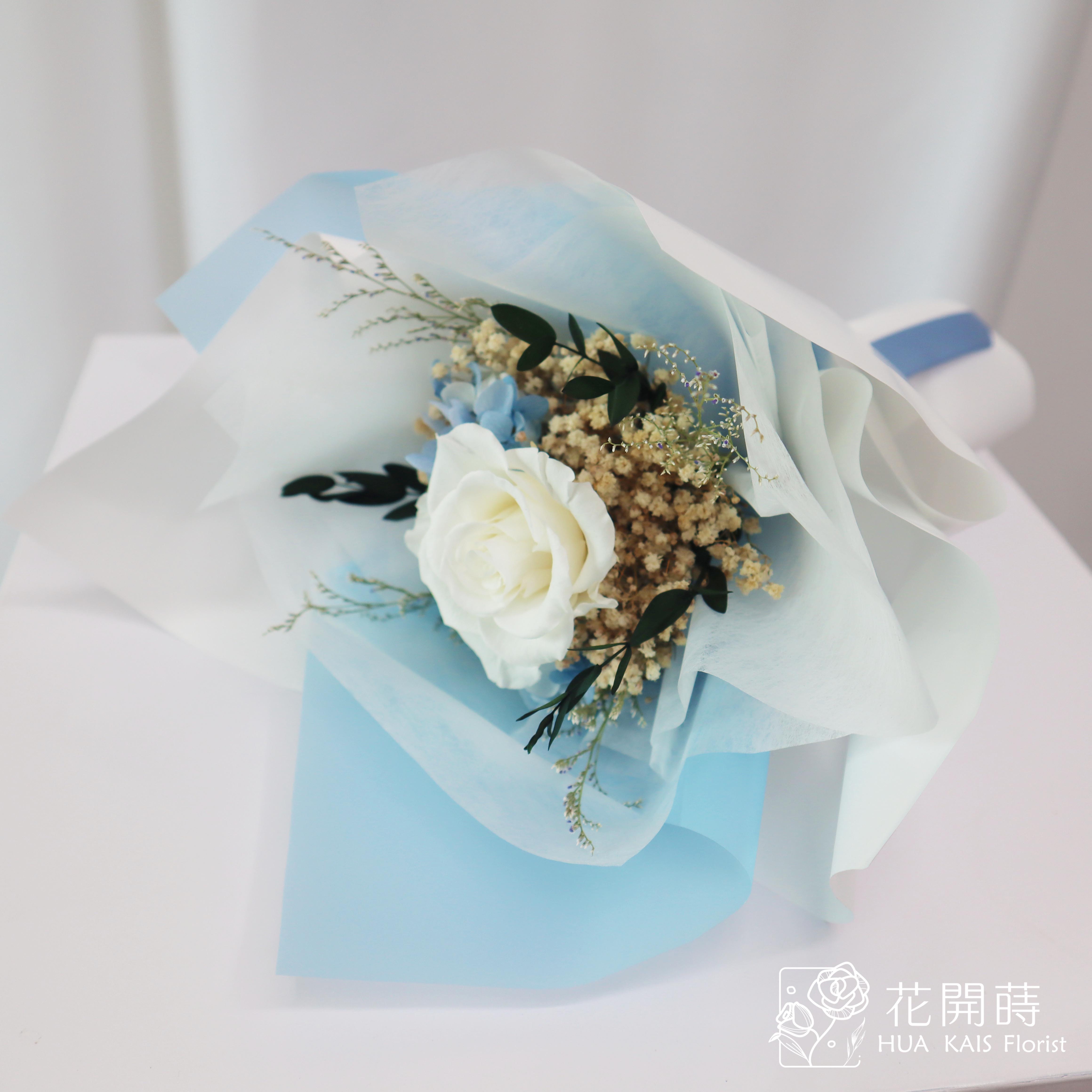 永生玫瑰花束|白色單枝永生玫瑰花束|永生花|情人節花束|小花束|生日花束|七夕花束|閨蜜花束|母親節花束