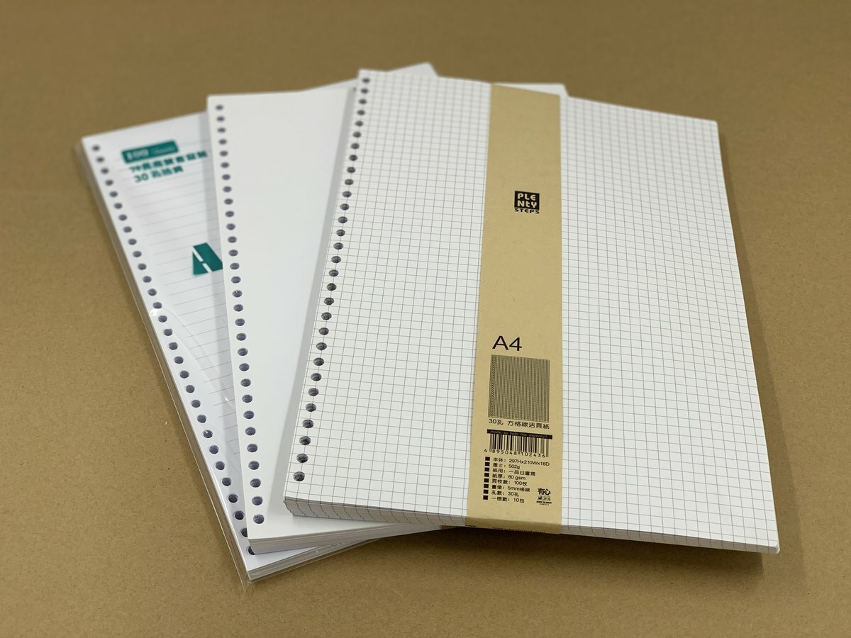 A4 30孔 活頁書寫紙, 1包 【另有格線,空白紙或牛皮紙選購】