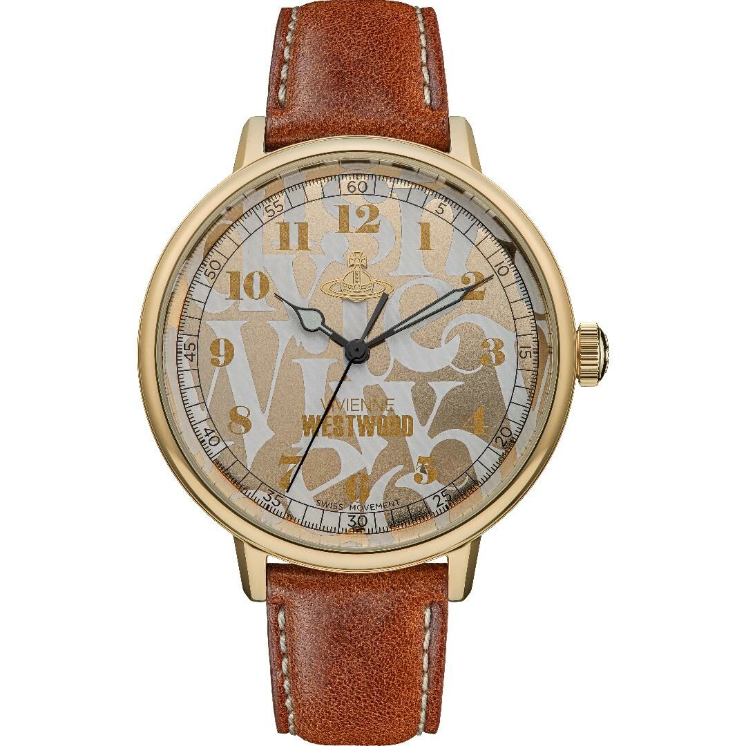 VV299GDBR Vivienne Westwood  經典印花 棕褐色/金色錶盤 48mm 棕色皮革錶帶 手錶 (香港行貨)