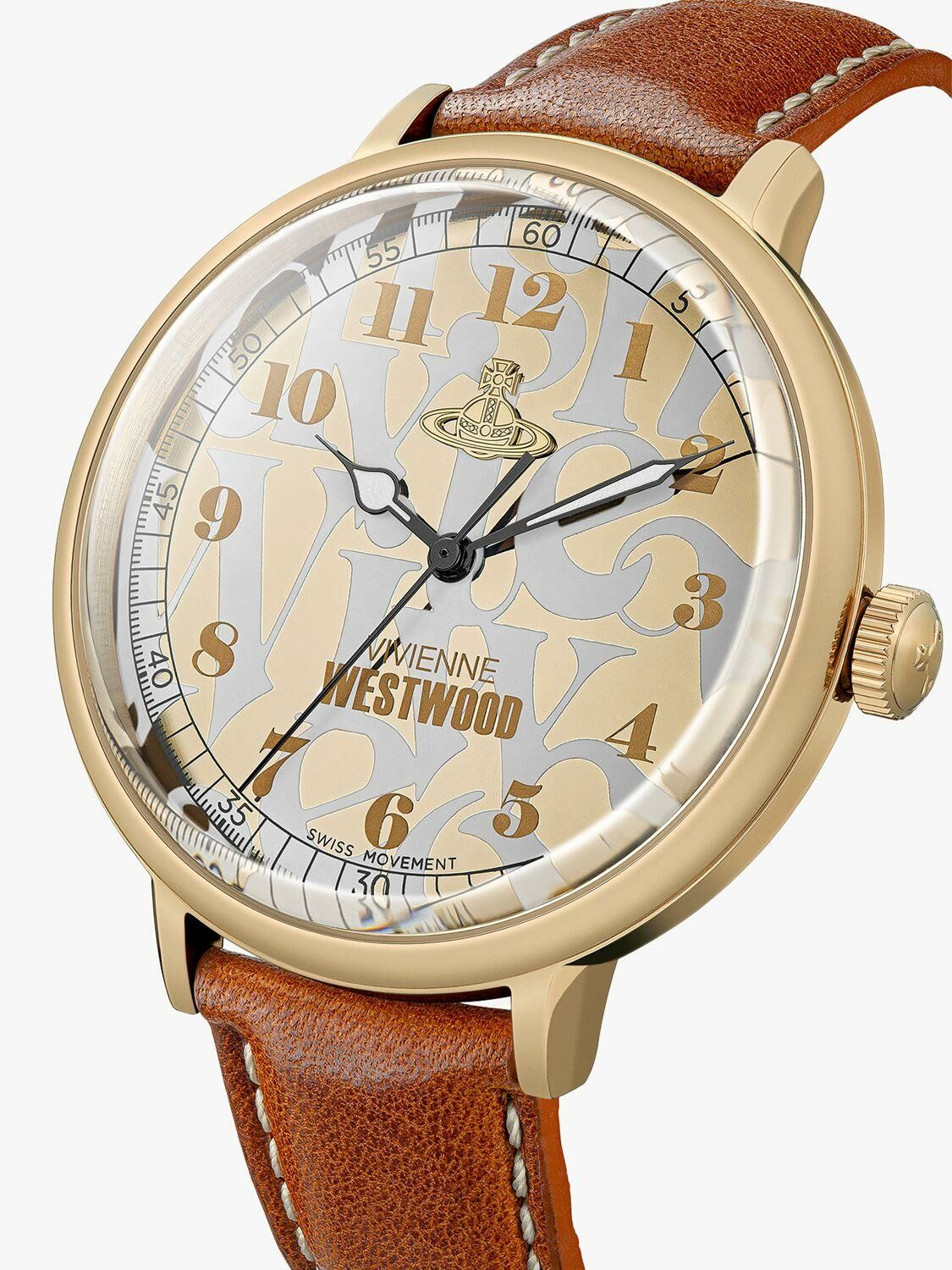 VV299GDBR Vivienne Westwood  經典印花 棕褐色/金色錶盤 48mm 棕色皮革錶帶 手錶 (香港行貨)