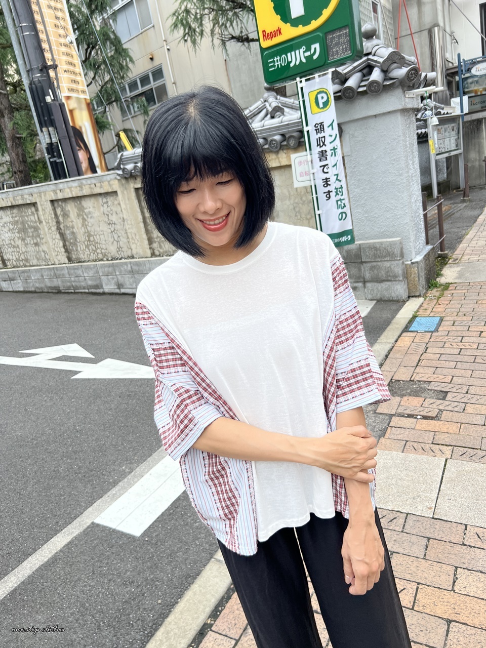 正韓側格紋拼接隨性感上衣