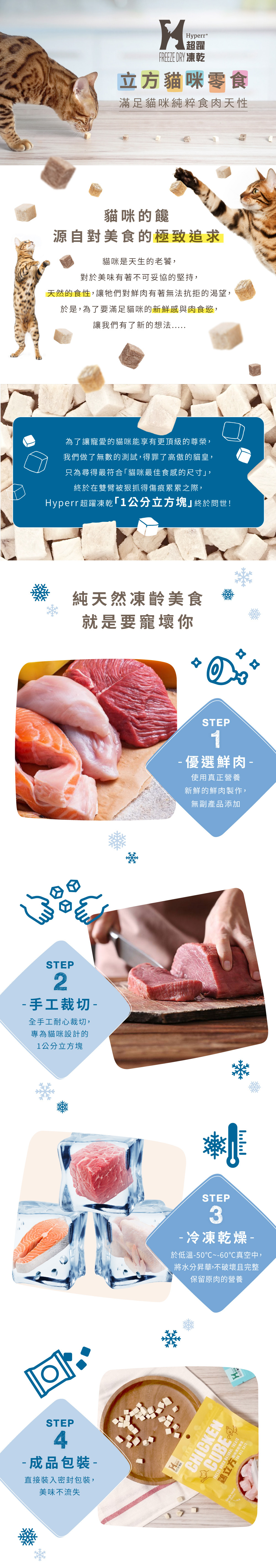 Hyperr立方貓咪零食,符合貓咪最佳食感尺寸,嚴選優質鮮肉,手工裁切一公分大小,冷凍乾燥不破壞原肉的營養,直接密封包裝美味不流失。