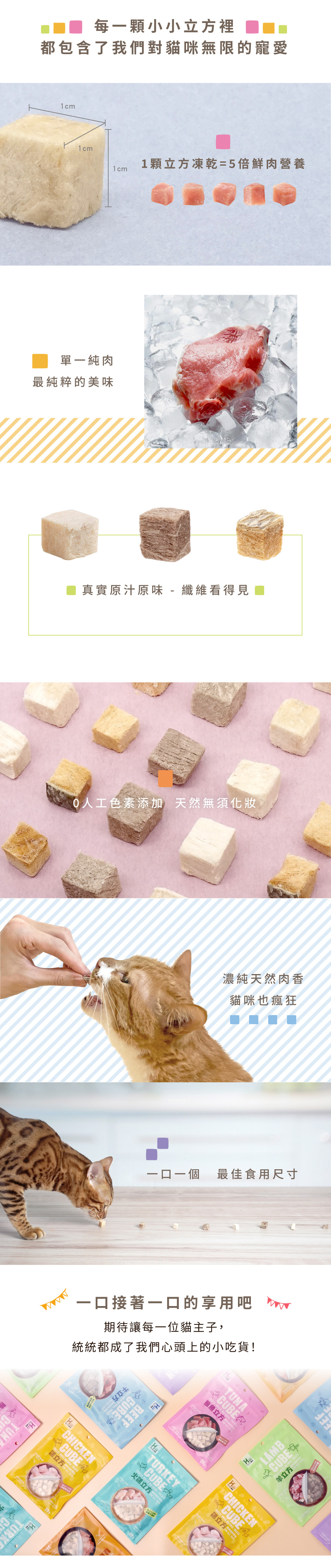 1顆立方凍乾零食等於5倍的鮮肉營養,單一肉類也好食,0人工色素添加,濃純天然肉香,一口一口最佳食用尺寸。