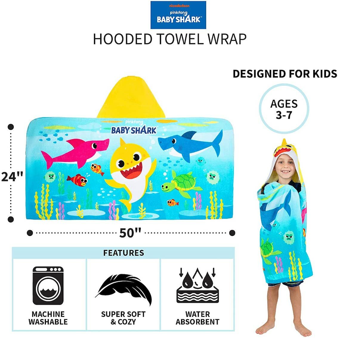 美國 Baby Shark 超柔軟棉質連帽浴巾