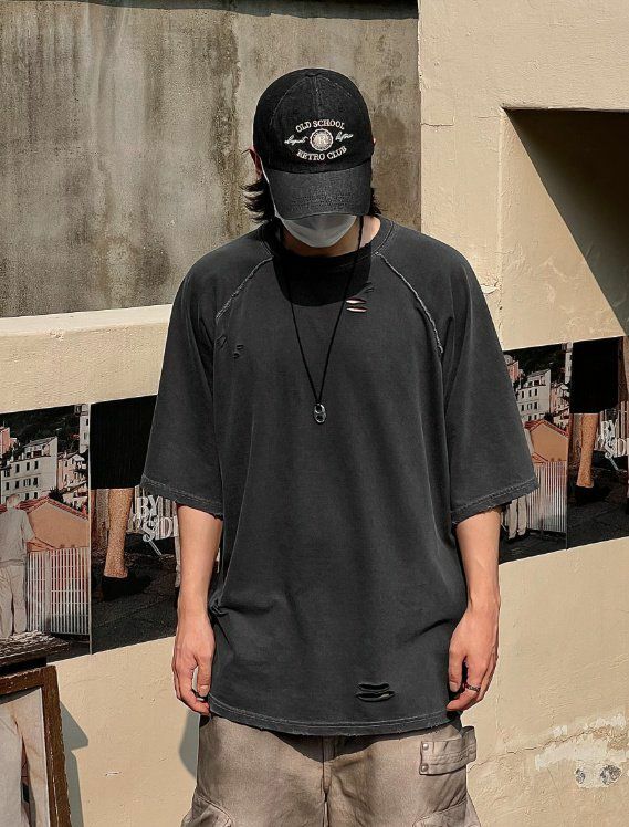 OverSize洗水破洞淨色短袖Tee EARN-036T