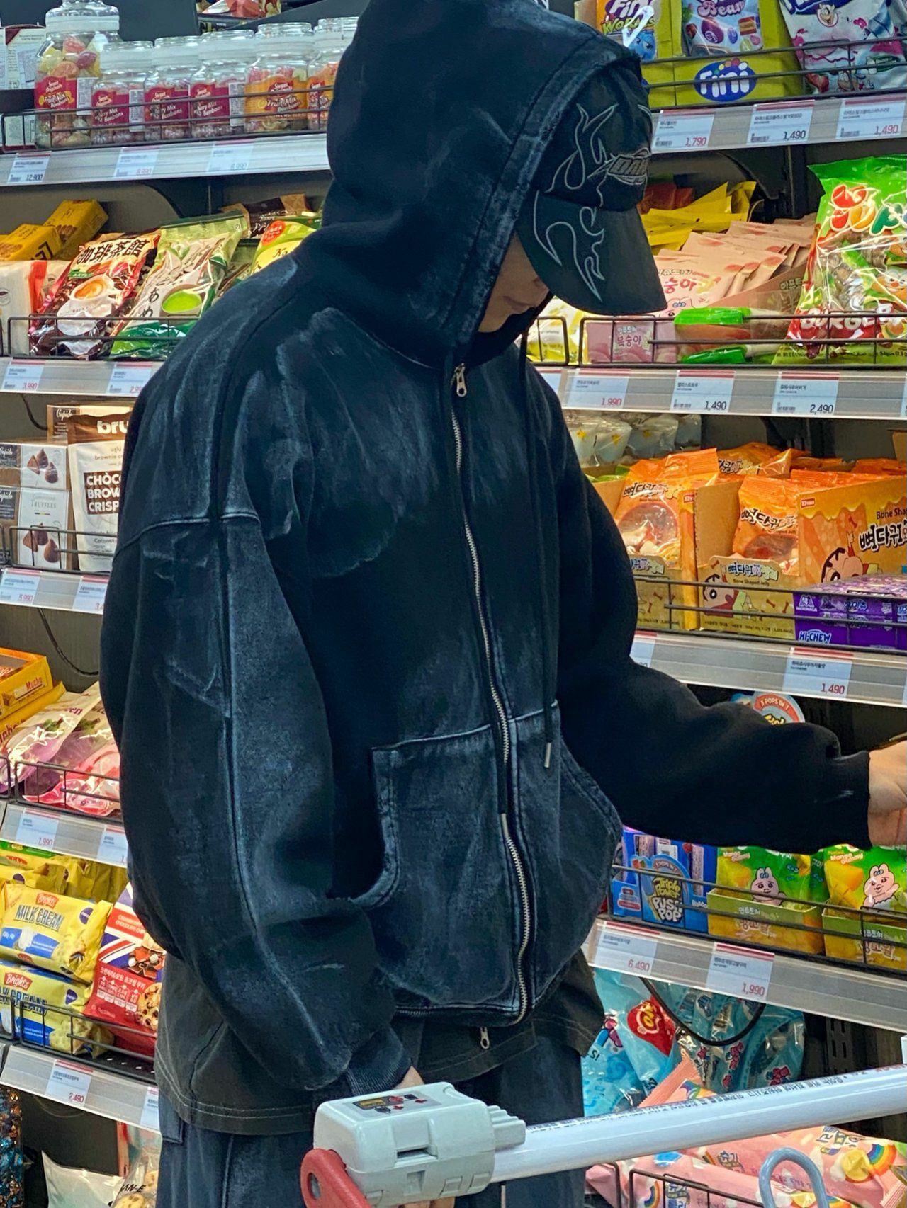 仿污破邊連帽拉鍊外套 EARN-038JK